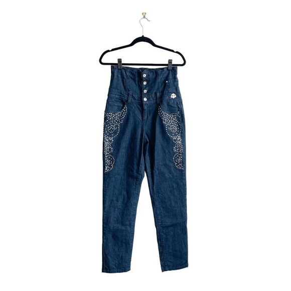 Dereon Women Denim Jeans Ultra High Waisted Corset Rhinestones Blue Sz 7/8 - Picture 1 of 13